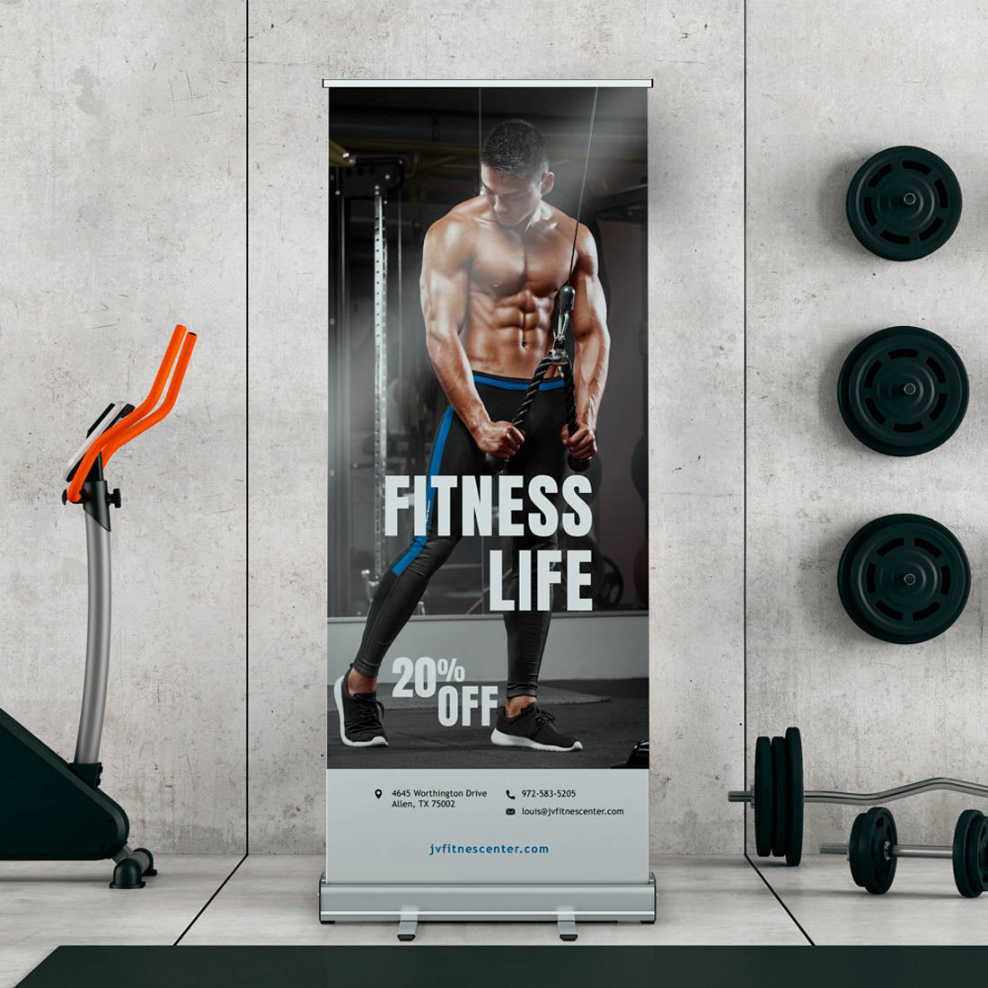 Fitness roll-up banner showing muscular athlete training in gym with 20% off promotion
