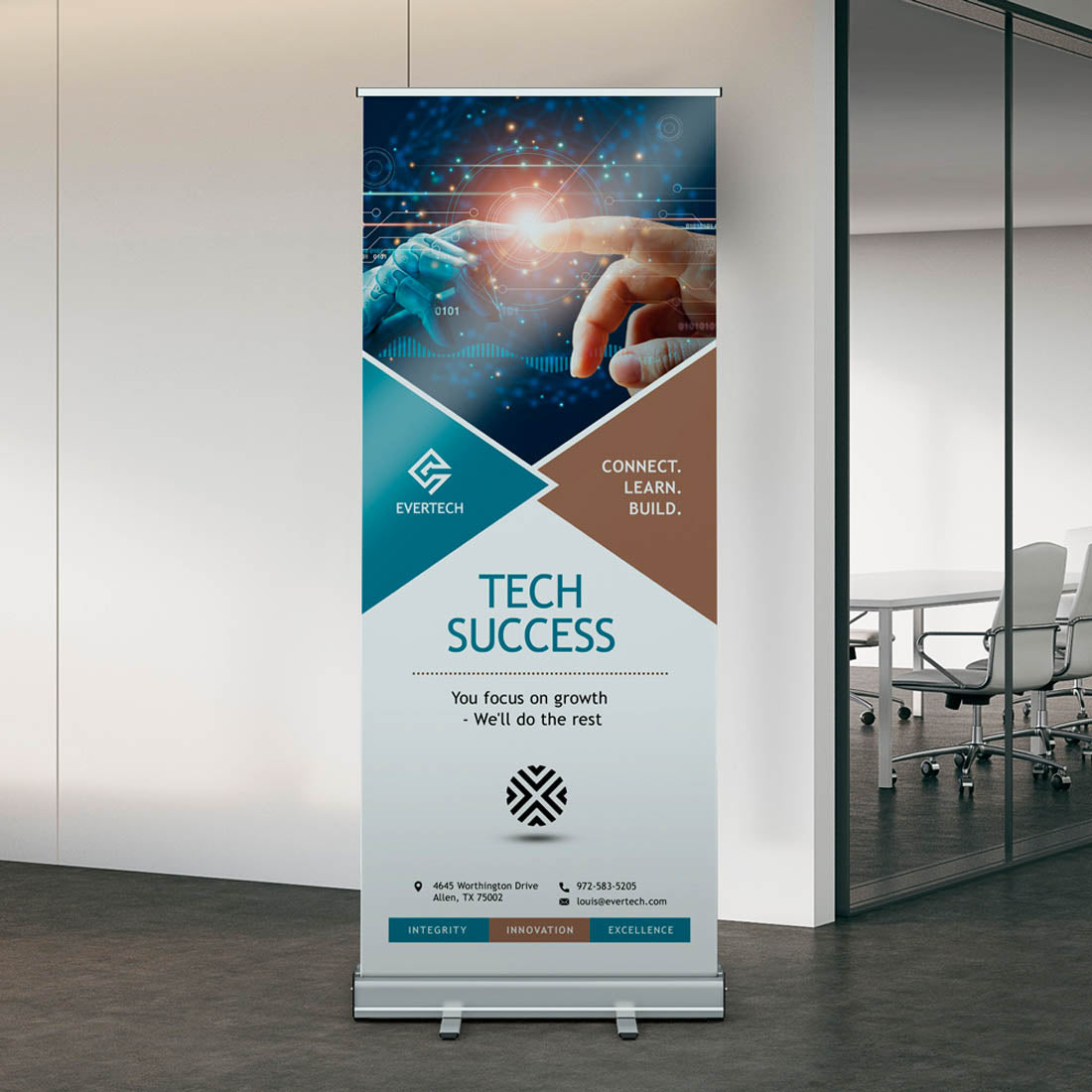 Roll-up banner featuring tech success theme with AI and human hand connection graphic in office