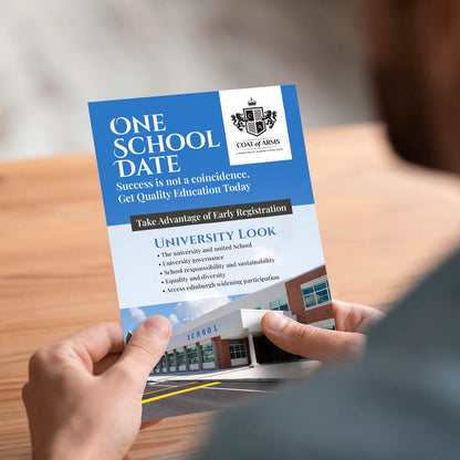 School registration flyer promoting quality education and early enrollment advantages