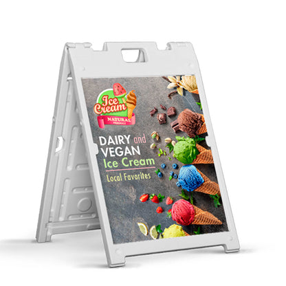 White A-frame sidewalk sign featuring dairy and vegan ice cream advertisement