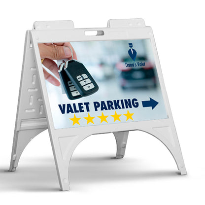 Valet parking A-frame sign displaying five-star rating and key handoff graphic