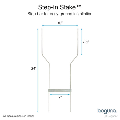 Boguna Step-In Stake 24-inch – dimensions diagram showing 10-inch top width and 7-inch step bar for easy installation