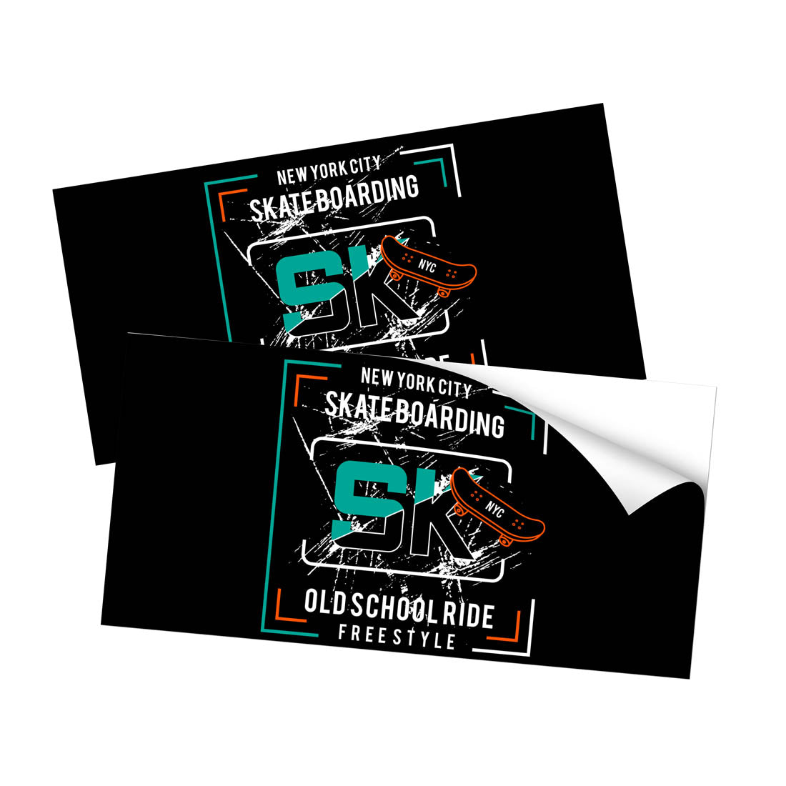 Rectangular skateboarding stickers with distressed typography and bold graphic elements