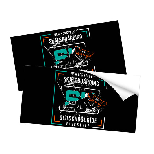 Rectangular skateboarding stickers with distressed typography and bold graphic elements