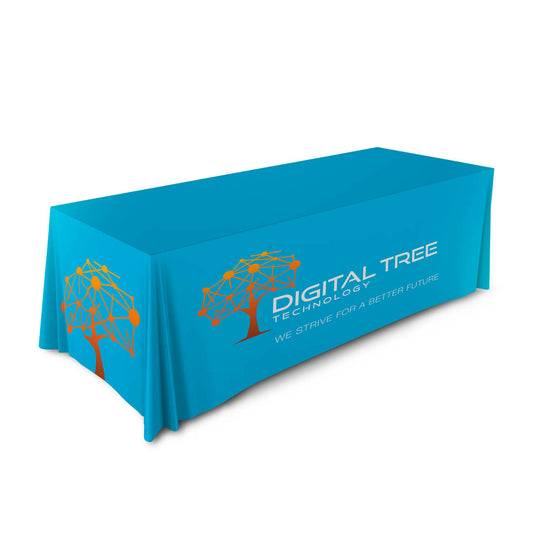 Custom printed teal tablecloth featuring Digital Tree Technology logo and slogan