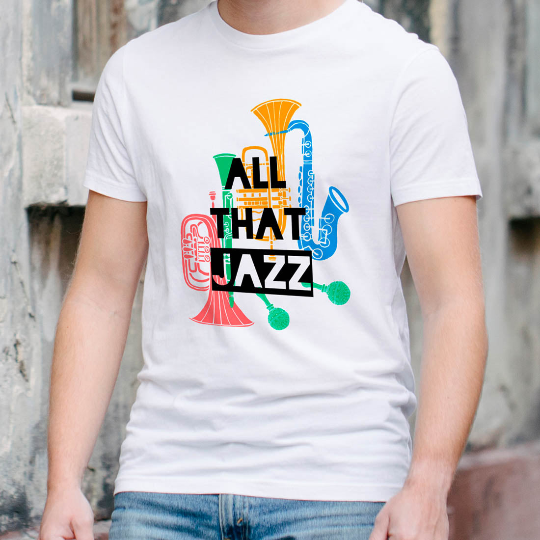 White T-shirt featuring colorful jazz instrument illustration and All That Jazz typography
