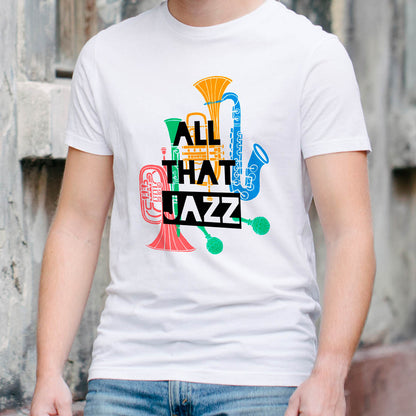 White T-shirt featuring colorful jazz instrument illustration and All That Jazz typography