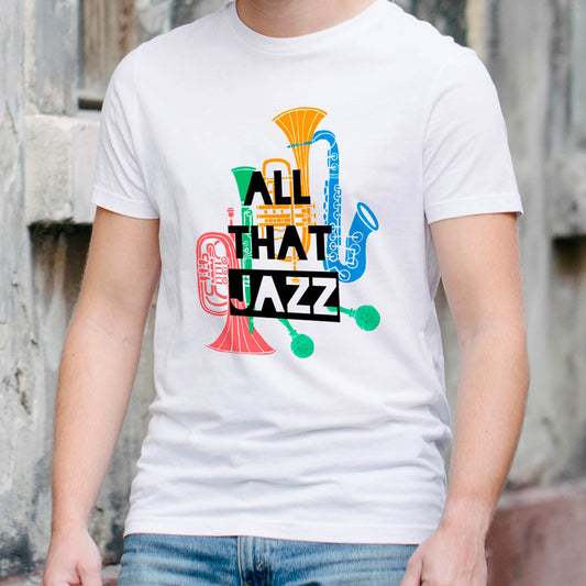 White T-shirt featuring colorful jazz instrument illustration and All That Jazz typography