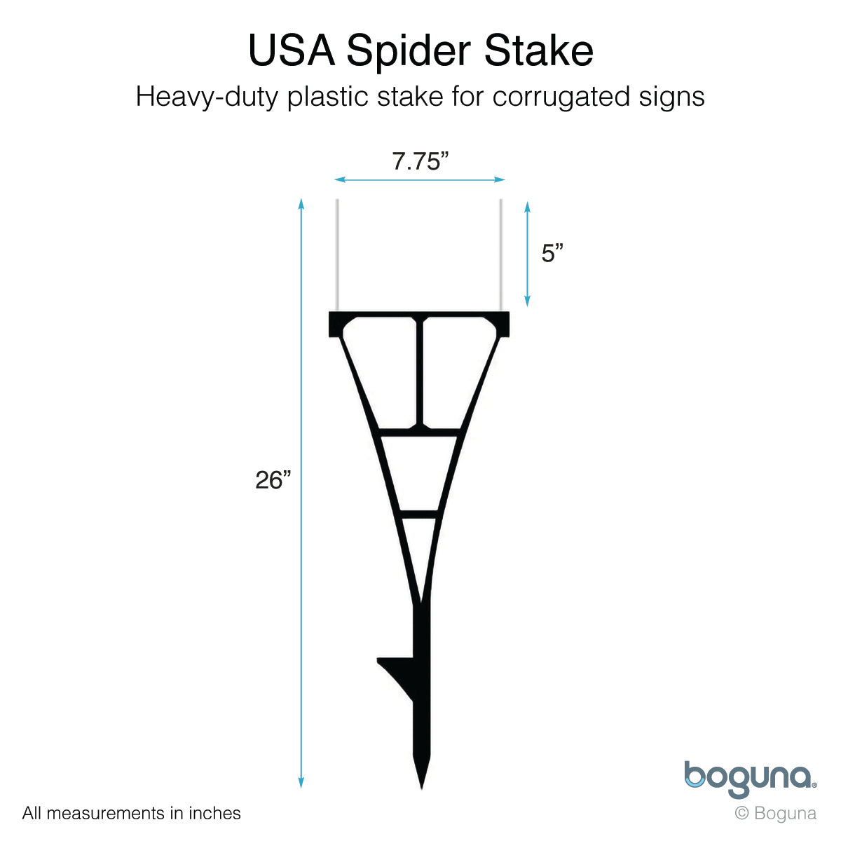 Boguna USA Spider Stake 26-inch – dimensions diagram showing 7.75-inch top width and 5-inch insert spacing for corrugated yard signs