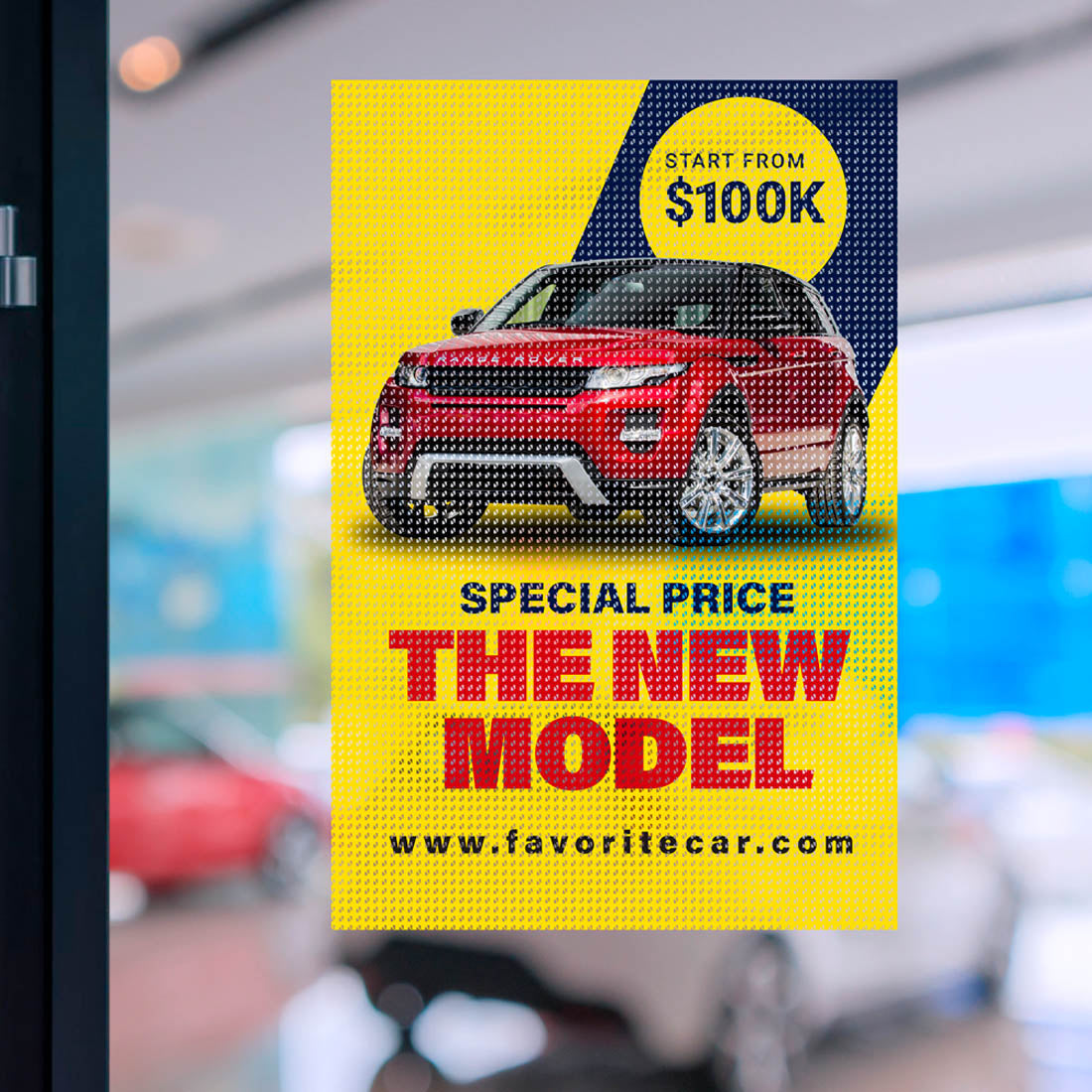 Perforated window graphic promoting new car model at dealership