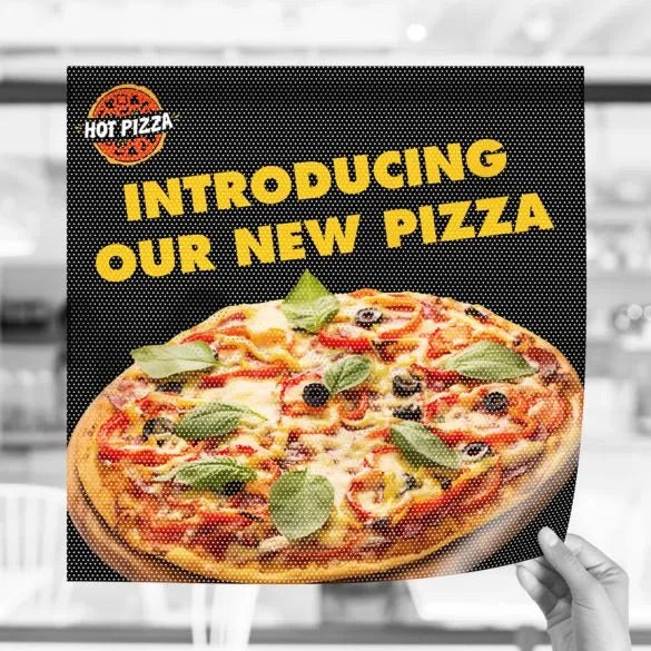 Perforated window graphic advertisement featuring pizza promotion with bold yellow headline