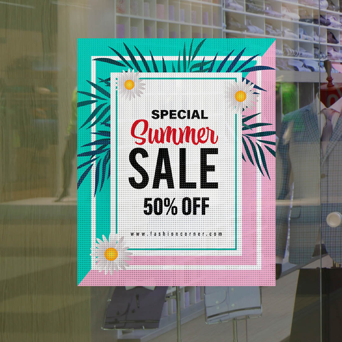 Summer sale perforated window poster with floral accents
