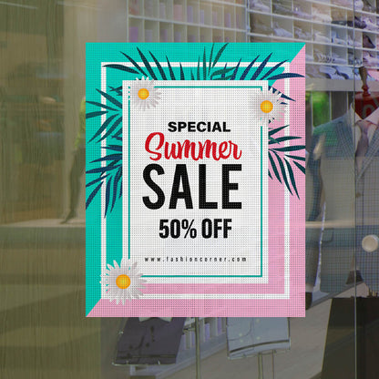 Summer sale perforated window poster with floral accents