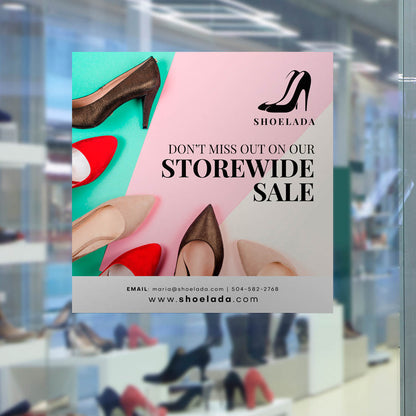 Shoe store window poster advertising storewide sale with colorful heels