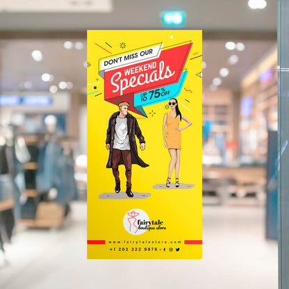 Weekend specials window poster offering up to 75% off fashion items